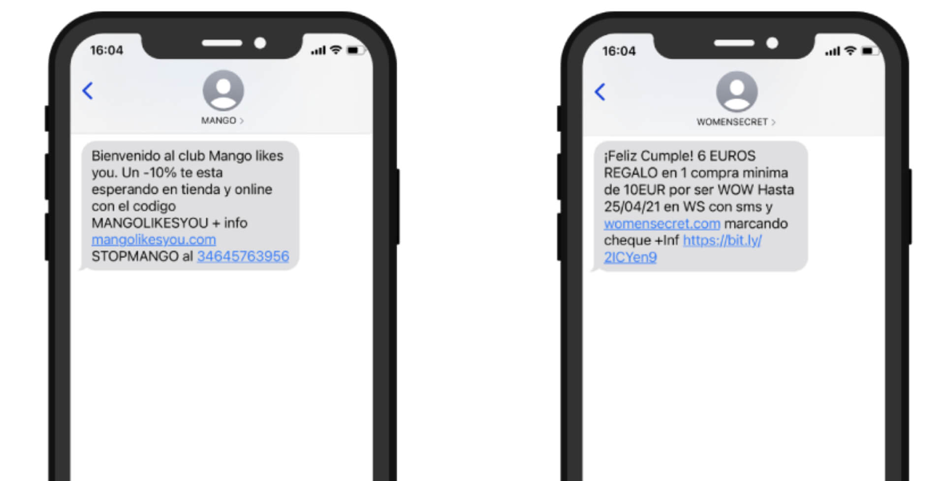 Ejemplos SMS fidelización de clientes - Mango y Women Secret