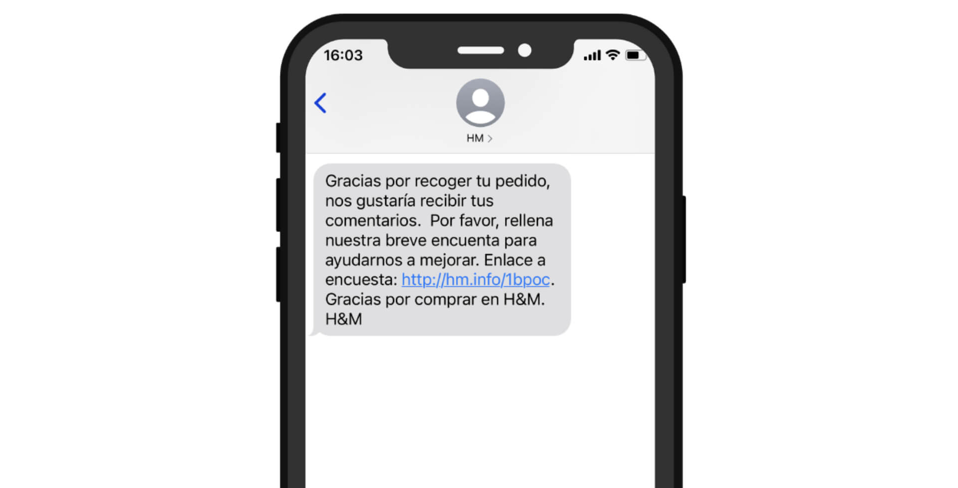 Ejemplo SMS seguimiento de pedido - H&M